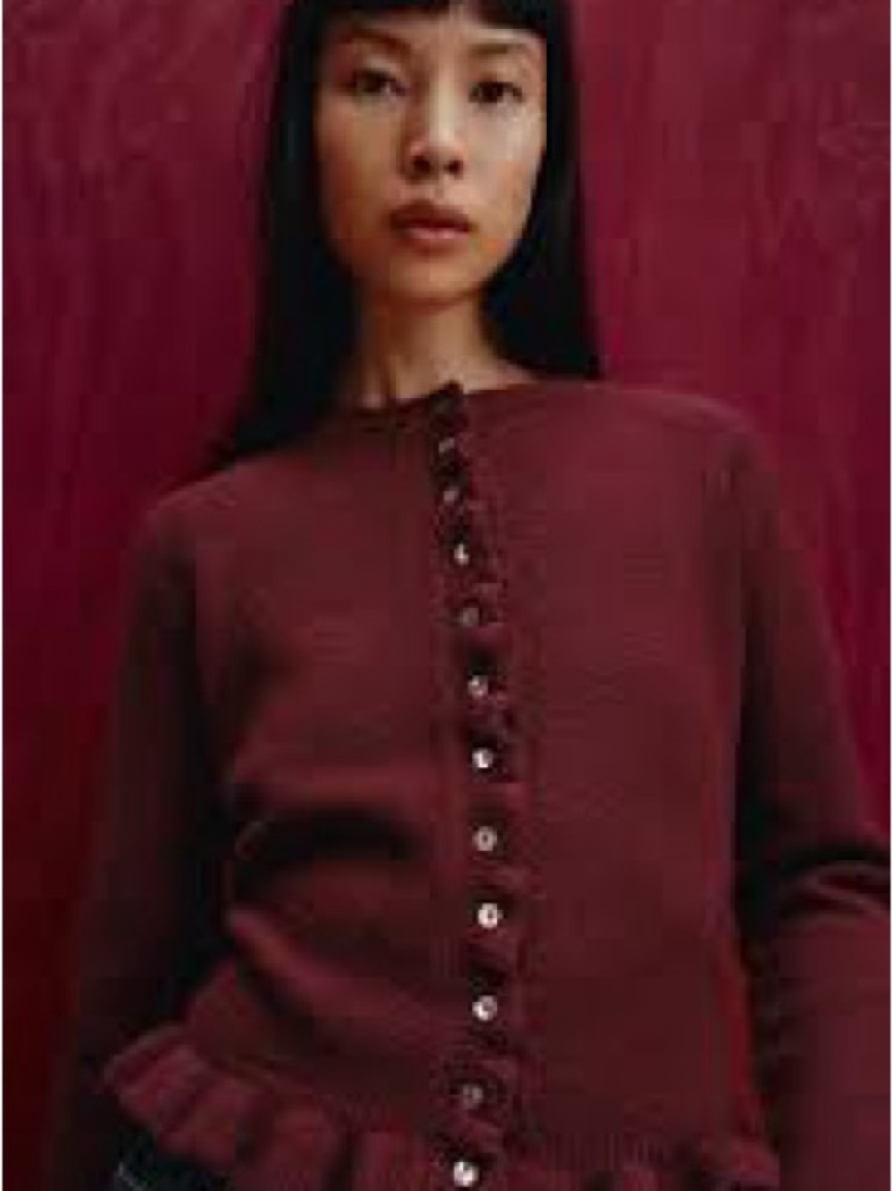 Zara Burgundy Ruffle-Trim Button Cardigan